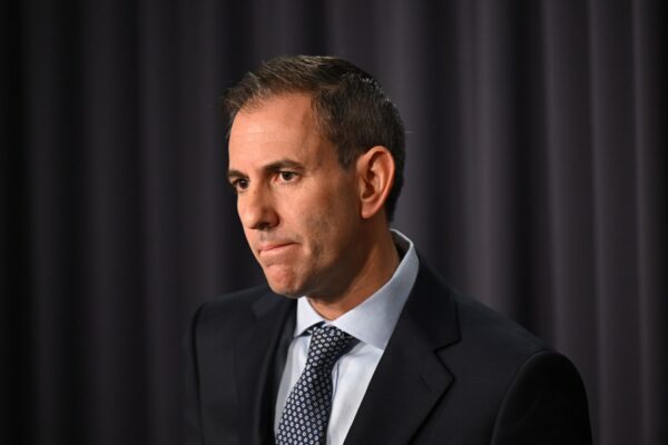 Australian Treasurer Jim Chalmers speaks to the media during a press conference at Parliament House in Canberra, Friday, May 8, 2026.