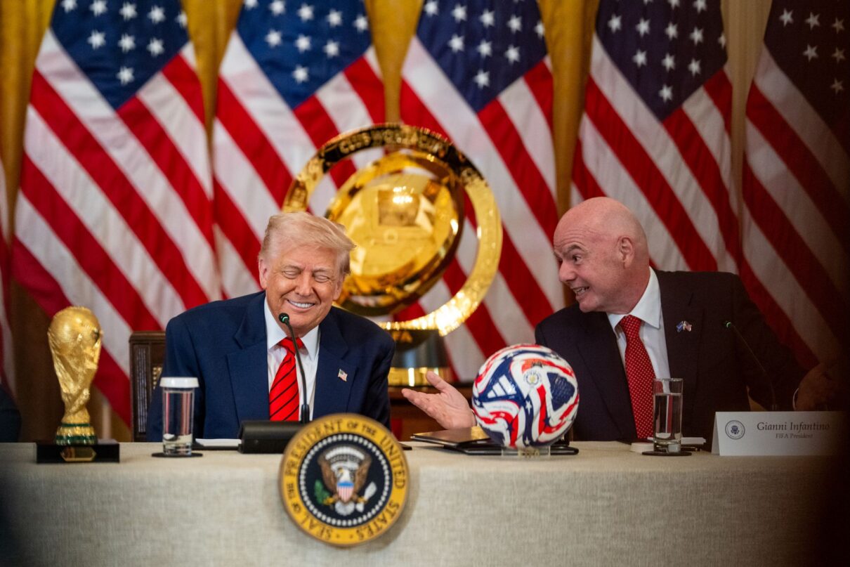 President Donald Trump and FIFA President Gianni Infantino attend a FIFA Task Force meeting, Tuesday, May 6, 2025, in the East Room. (Official White House Photo by Molly Riley)