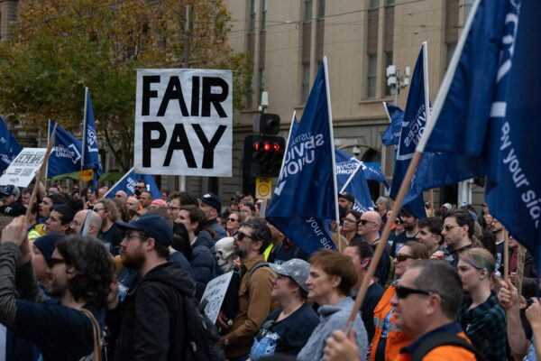 Unionised council workers gather for a strike organised by the Australian Services Union outside the Victorian State Parliament in Melbourne, Wednesday, June 17, 2026.
