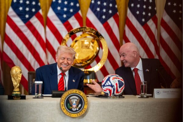 President Donald Trump and FIFA President Gianni Infantino attend a FIFA Task Force meeting, Tuesday, May 6, 2025, in the East Room. (Official White House Photo by Molly Riley)