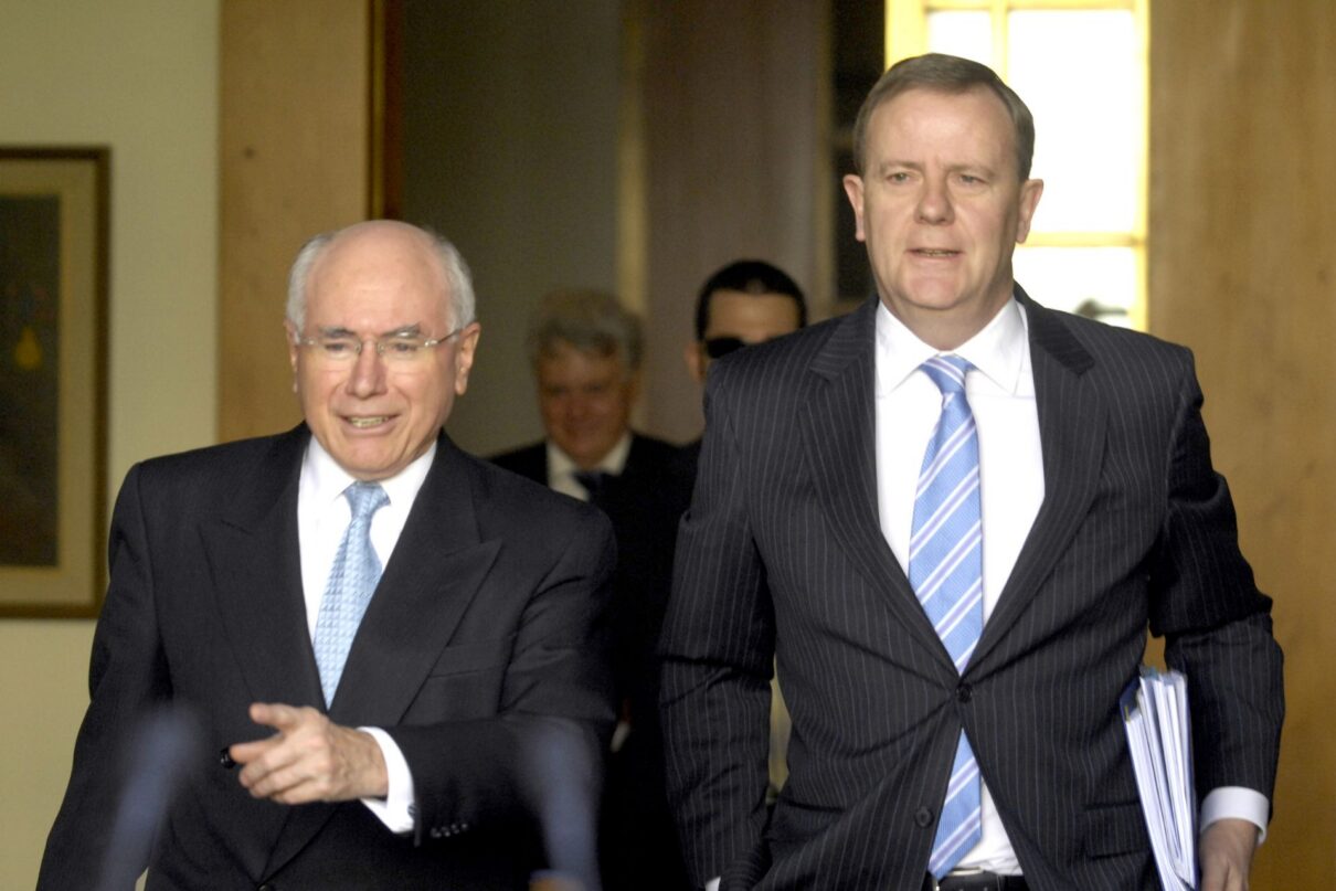 Prime Minister John Howard (left) and treasurer Peter Costello during a press conference in Canberra, Wednesday, Aug. 8, 2007, responding to the reserve bank's decision to lift interest rates by 0.25%.