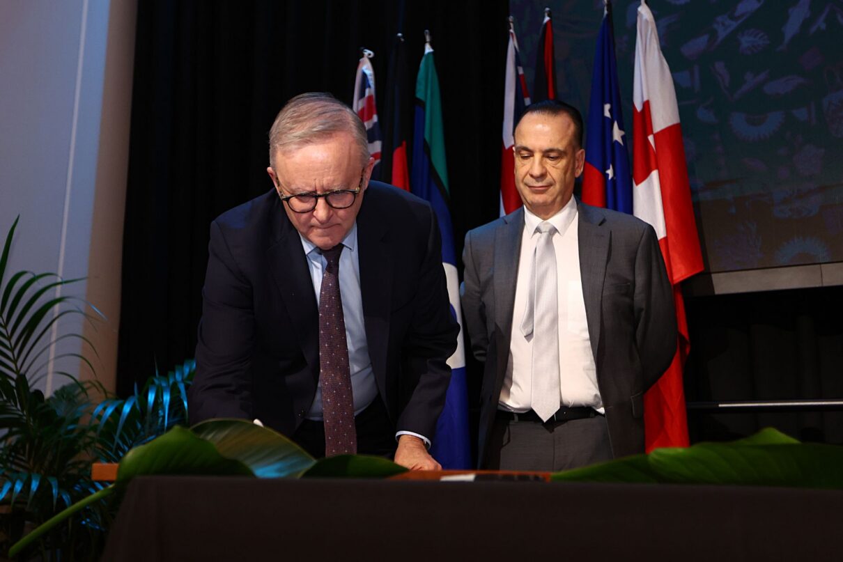 Australian Prime Minister Anthony Albanese alongside Peter V’landys (Chairman of the Australian Rugby League Commission) during the launch of the Pacific Rugby league partnership in Brisbane, Wednesday, July 8, 2026.