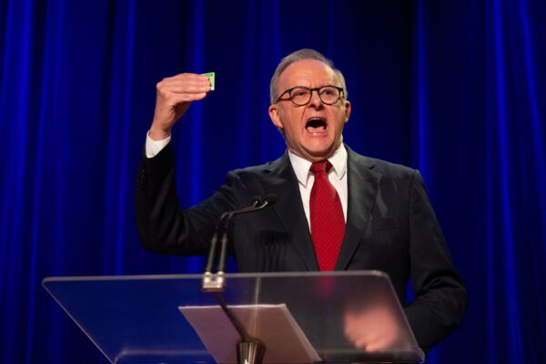Australian Prime Minister Anthony Albanese speaks at the Labor Election Night function at Canterbury-Hurlstone Park RSL Club on Election Day of the 2025 federal election campaign, Sydney, Saturday, May 3, 2025.