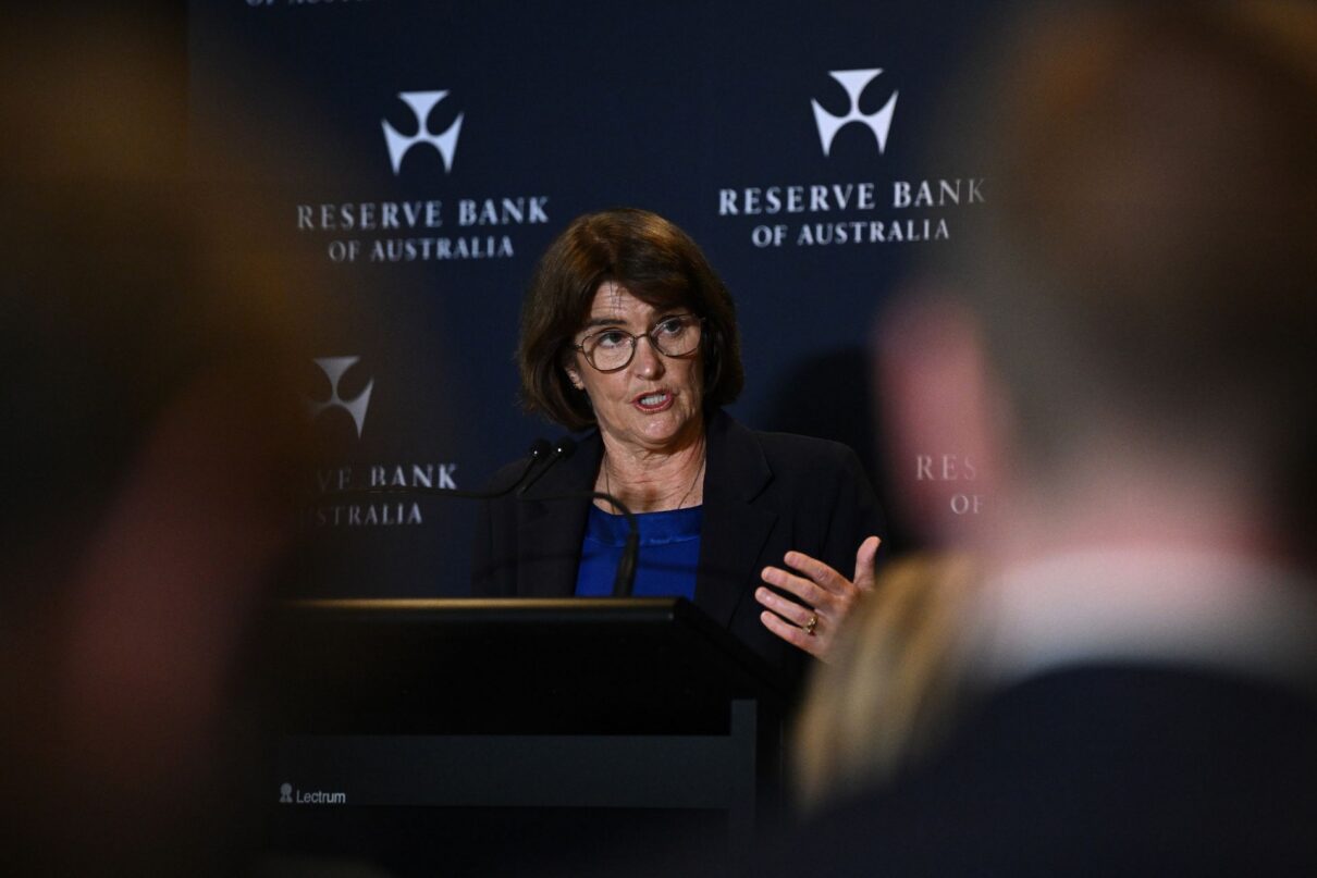 RBA Governor Michele Bullock addresses media, in Sydney, Tuesday, April 1, 2025. The Reserve Bank of Australia has kept interest rates unchanged following its monthly board meeting.
