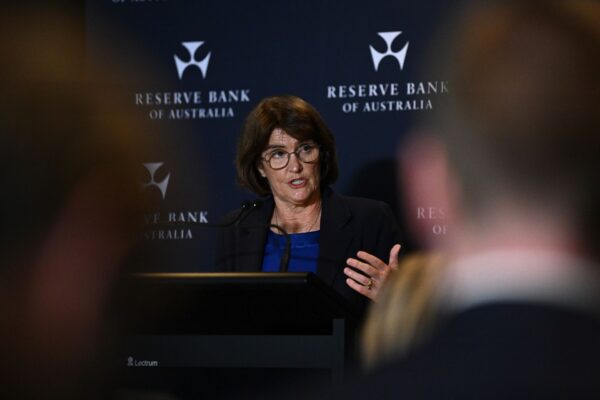 RBA Governor Michele Bullock addresses media, in Sydney, Tuesday, April 1, 2025. The Reserve Bank of Australia has kept interest rates unchanged following its monthly board meeting.